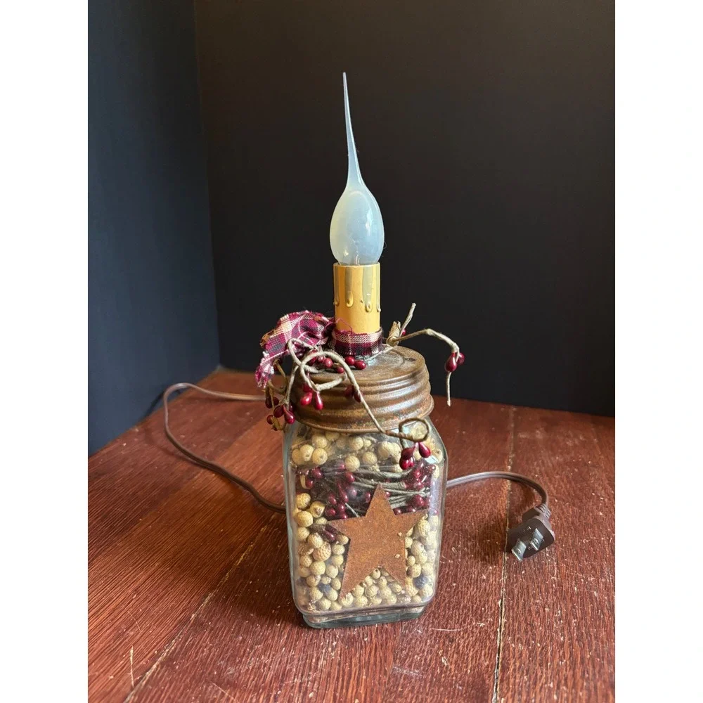 Primitive Rustic Glass Jar Electric Candle Lamp Farmhouse Decor Flicker Bulb